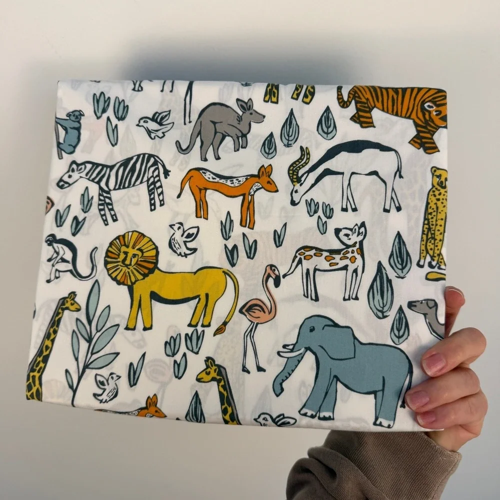 DwellStudio Safari Animal Crib Sheet Kids White Multicolor Cotton Modern Bedding